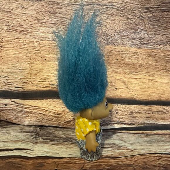 Vintage TNT  Troll Doll Blue Hair Yellow Polka Dot Shirt Stone Pants 3” Figure - Picture 2 of 6